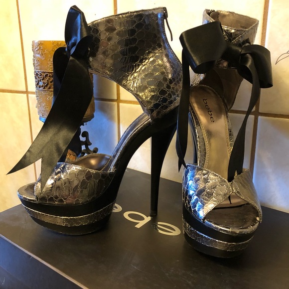 bebe Shoes - Bebe platform heel Gunmetal Embossed leather.